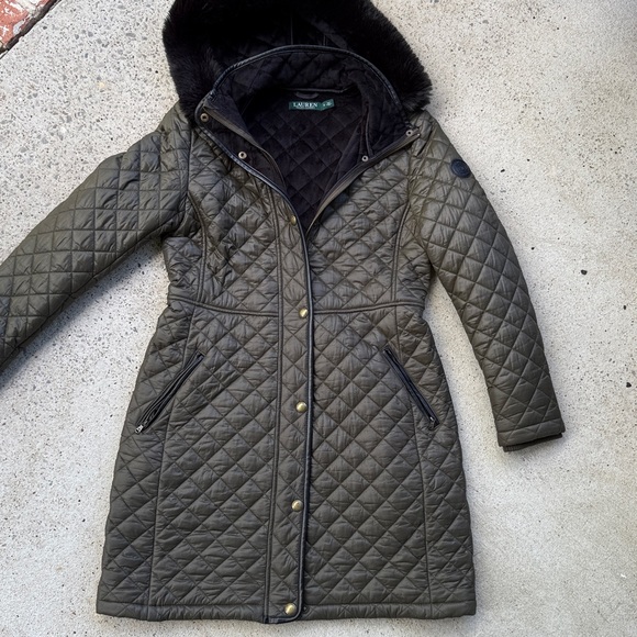 Lauren Ralph Lauren Olive/Black Diamond Quilted Coat with Hood Size Small - Picture 6 of 14